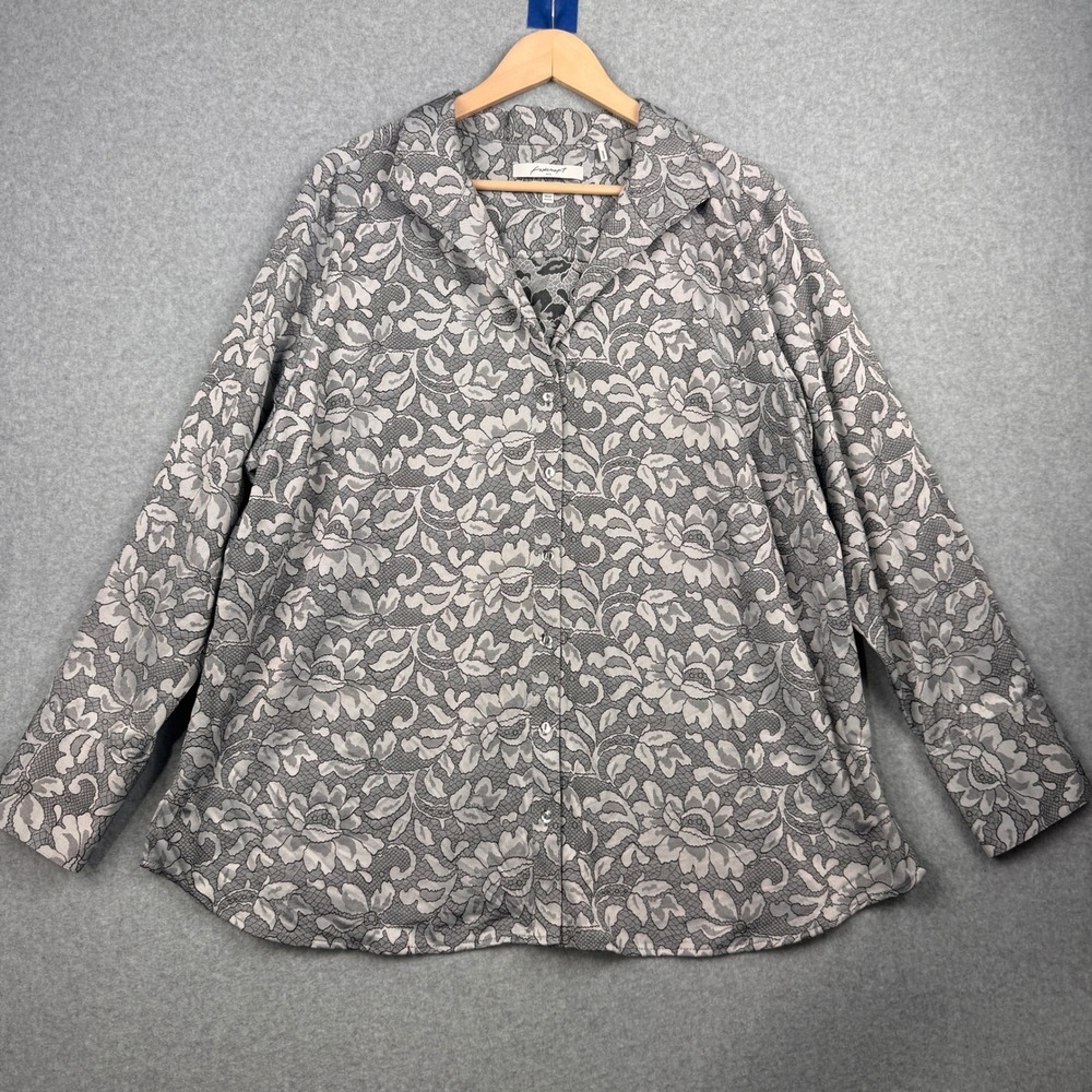 Foxcroft Shirt Womens 18W Gray Black Floral Lace Print Button Down Wrinkle Free